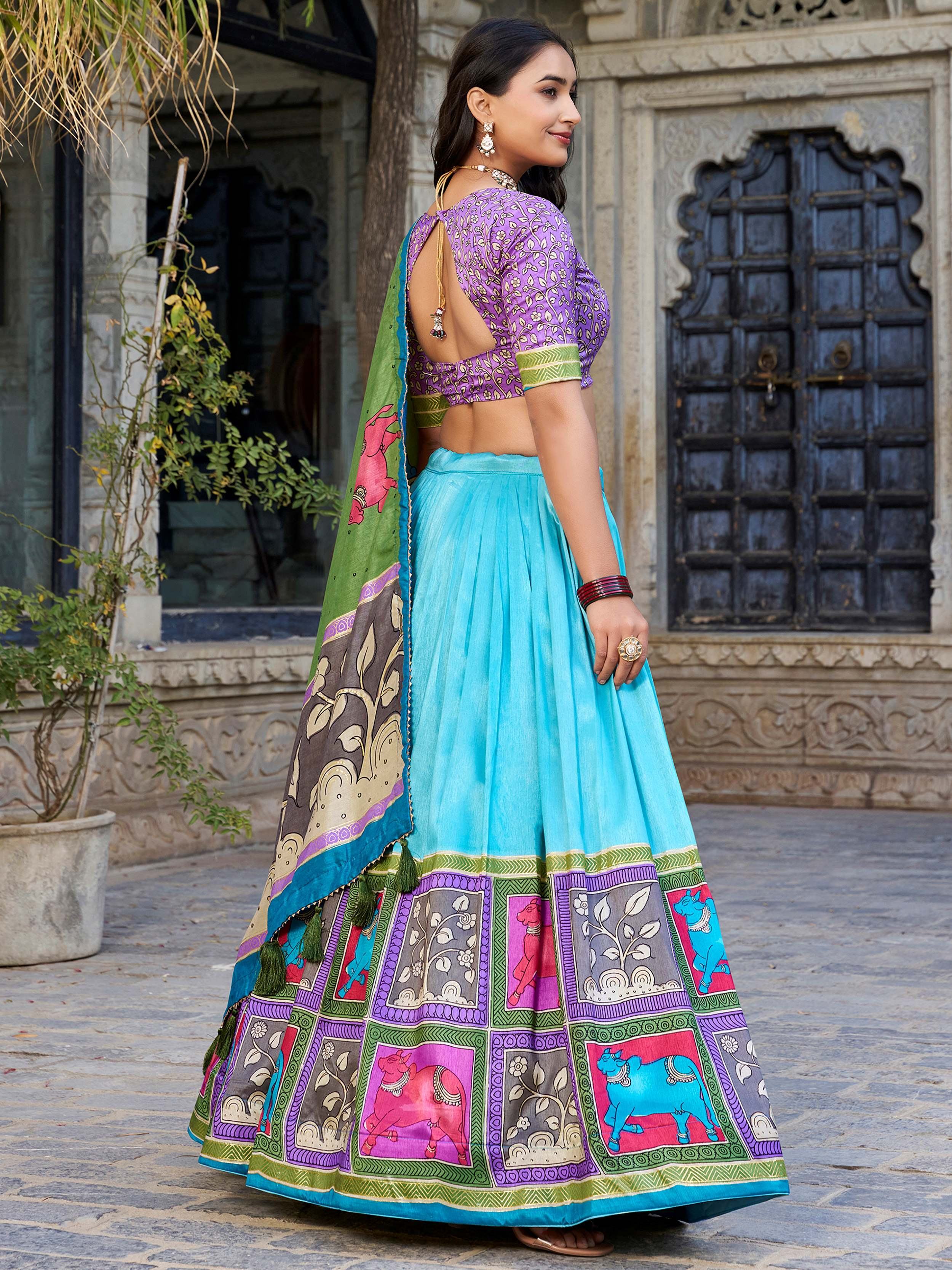 Amazing Sea Green Kalamkari Printed Tussar Silk Lehenga Choli