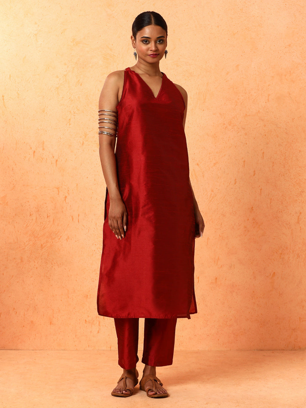 maroon Solid Straight & Chanderi Kurta Sets