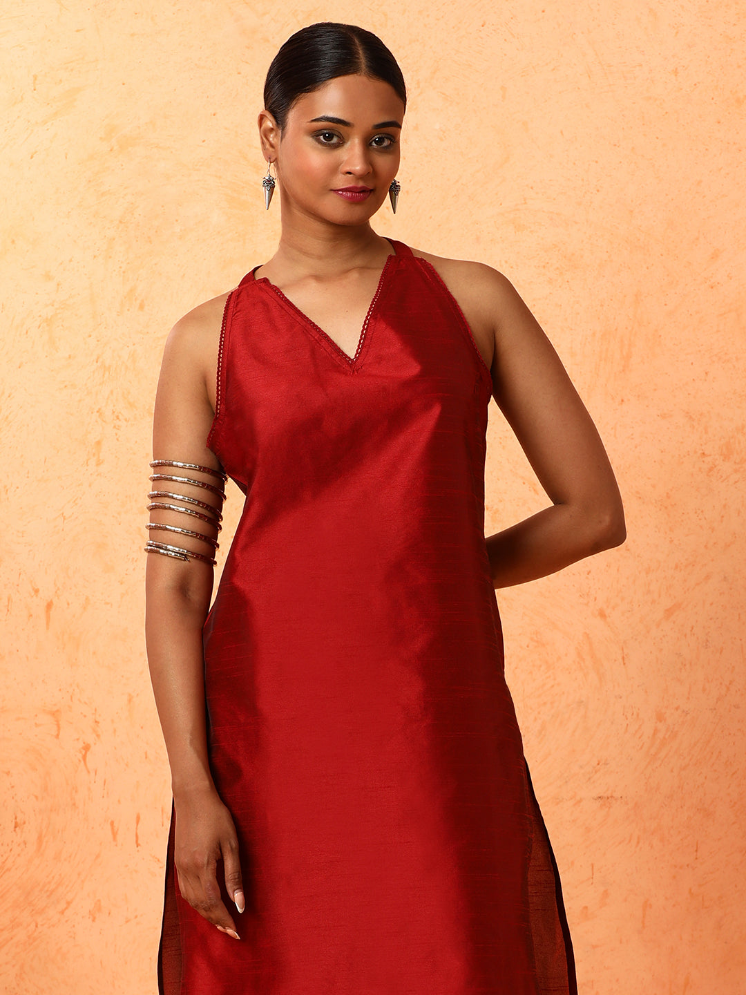 maroon Solid Straight & Chanderi Kurta Sets