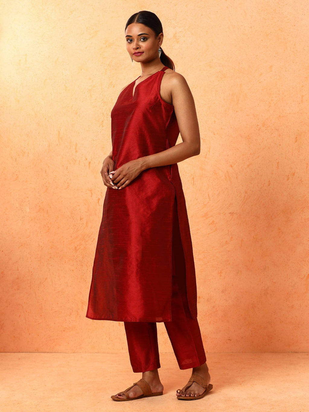 maroon Solid Straight & Chanderi Kurta Sets