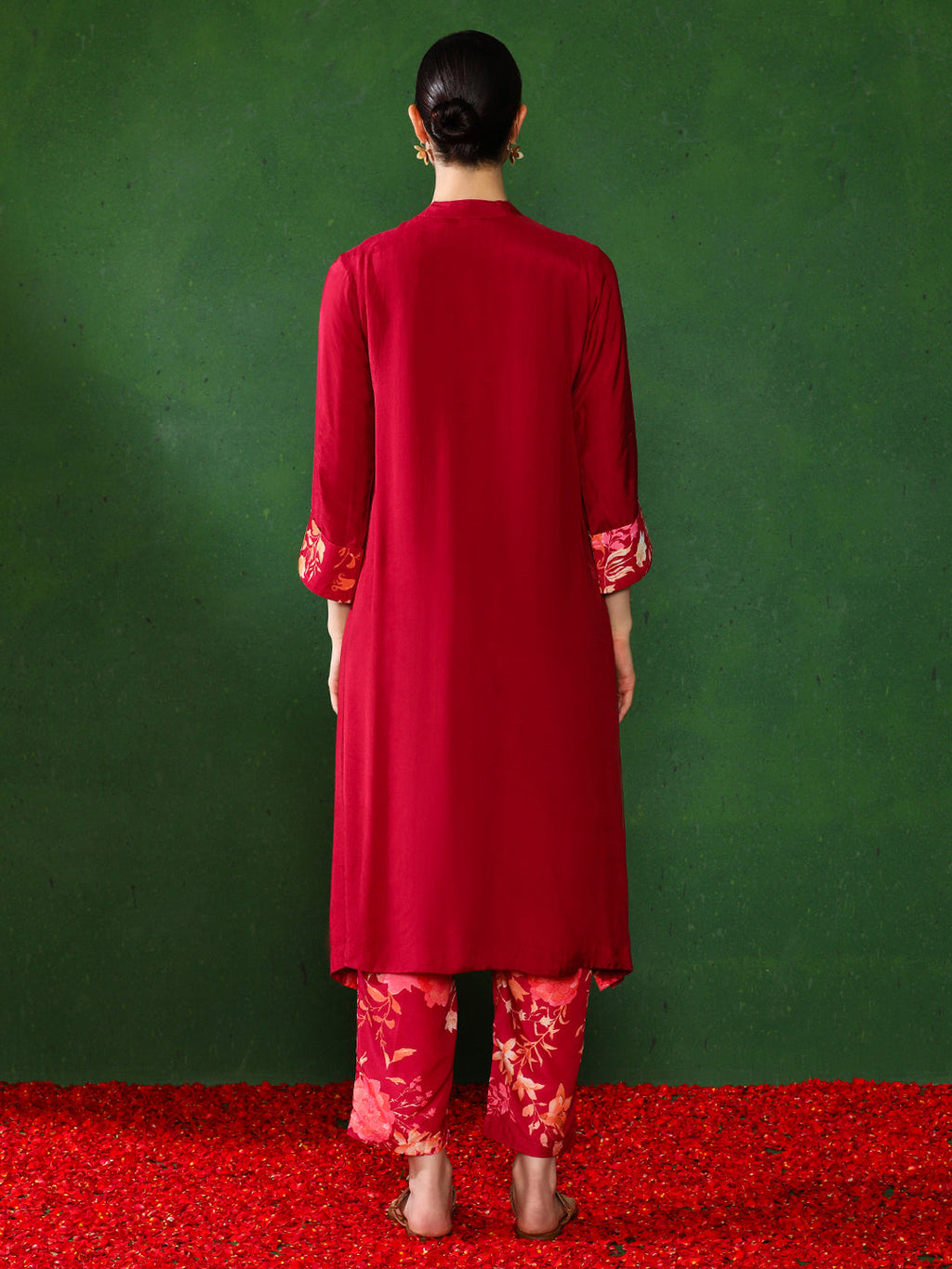 Maroon color Floral Solid A-Line Kurta and  Trousers Sets
