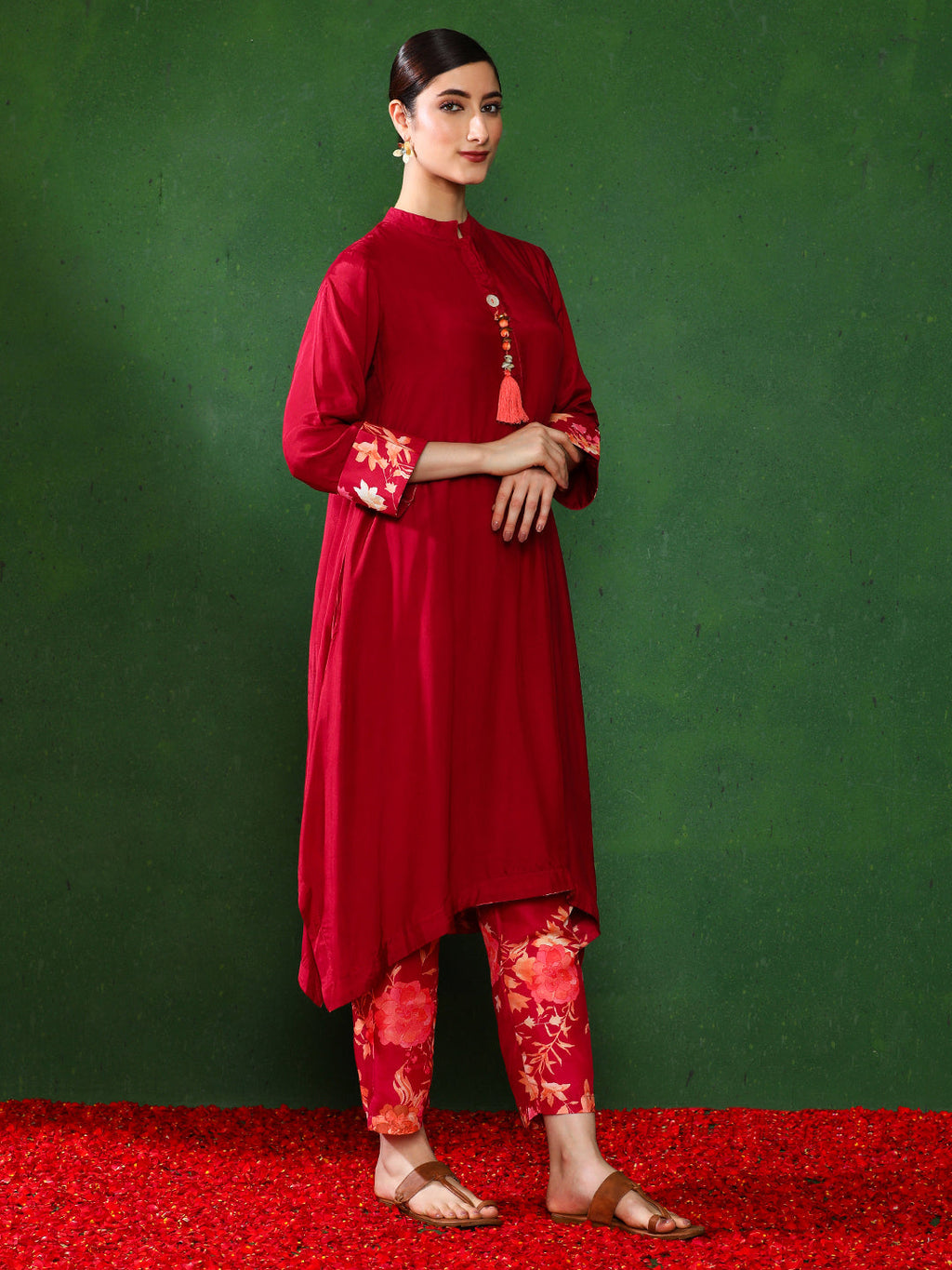 Maroon color Floral Solid A-Line Kurta and  Trousers Sets