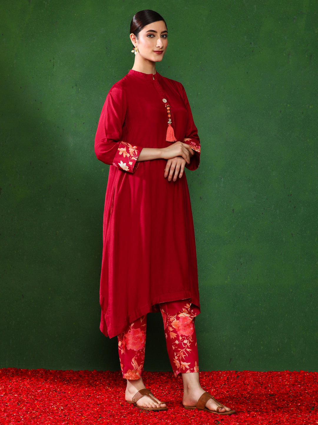 Maroon color Floral Solid A-Line Kurta and  Trousers Sets