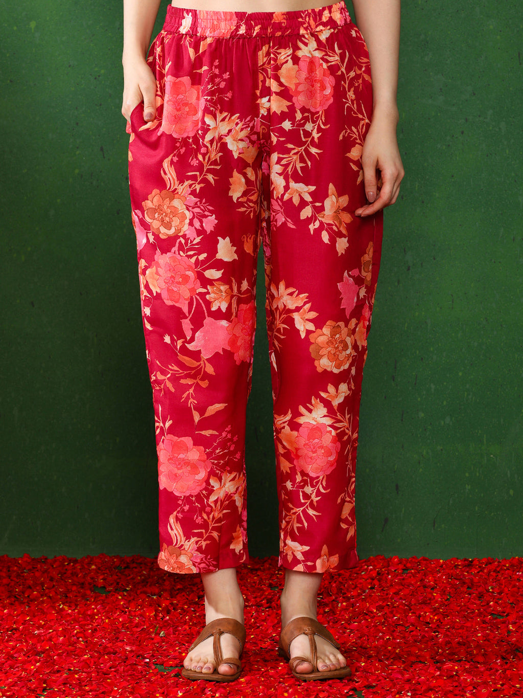 Maroon color Floral Solid A-Line Kurta and  Trousers Sets
