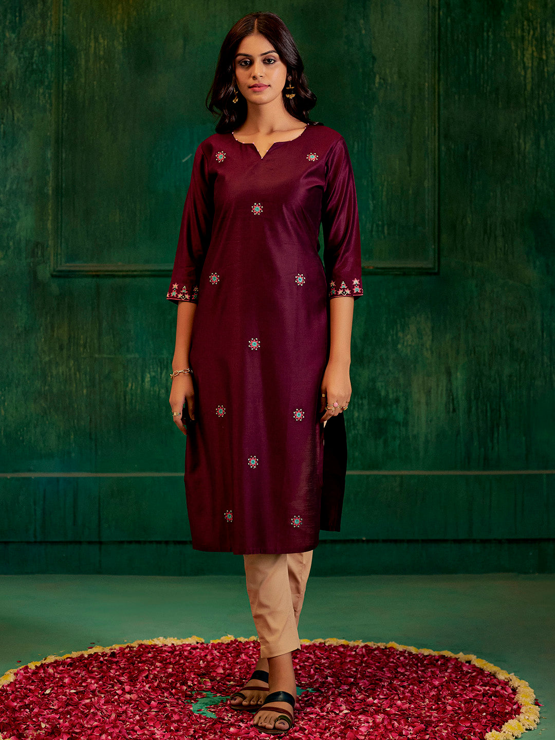 Burgundy Self Woven Straight Kurta