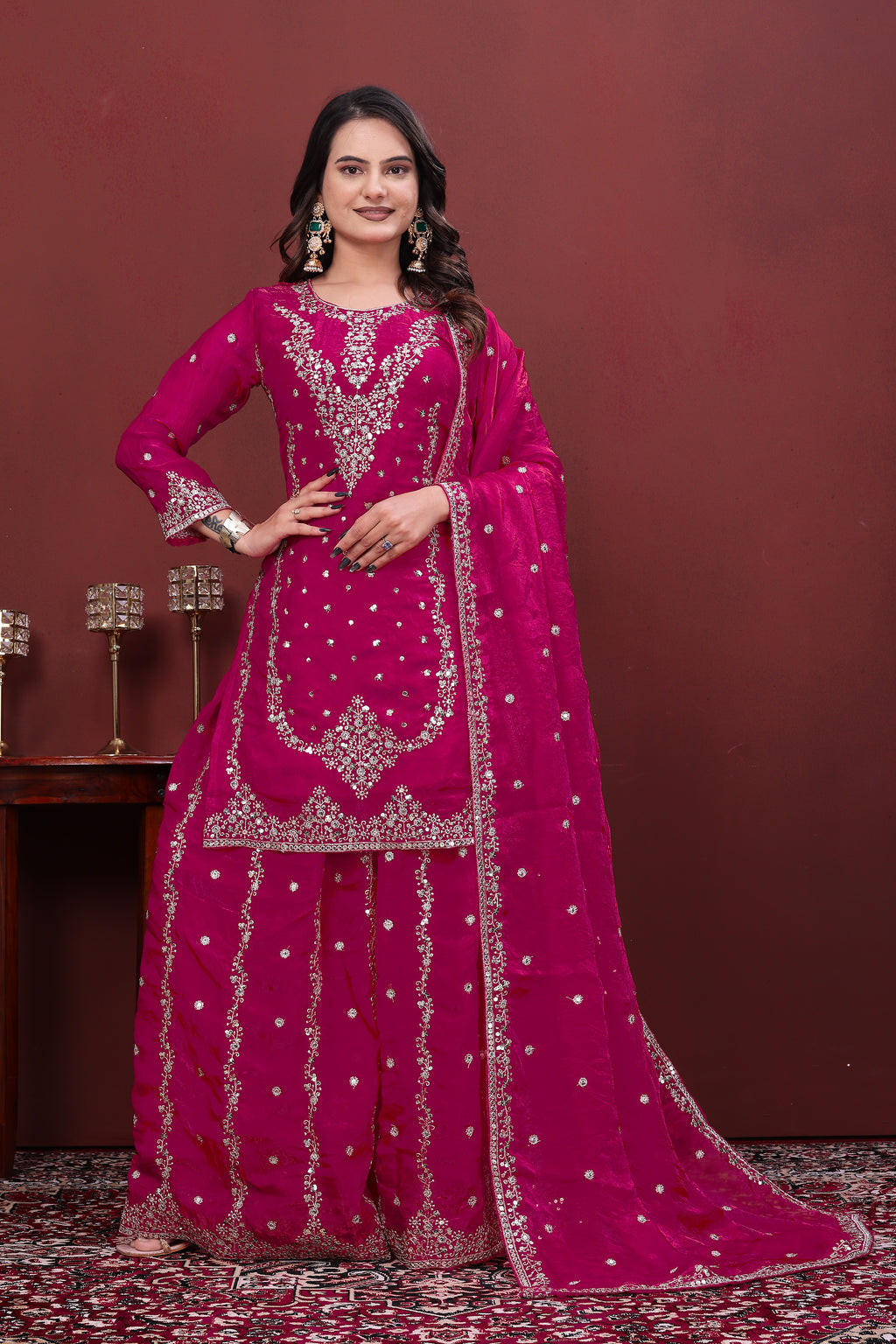 Luxury Designer Rani Pink Fendy Silk Sharara Suit with Sequence Embroidery Dupatta