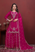 Luxury Designer Rani Pink Fendy Silk Sharara Suit with Sequence Embroidery Dupatta