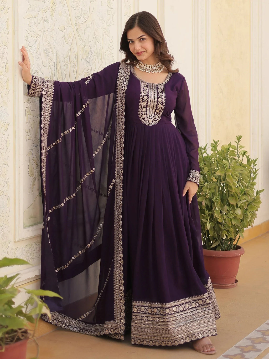 Beautiful Wine Sequins Georgette Reception Wear Gown With Dupatta