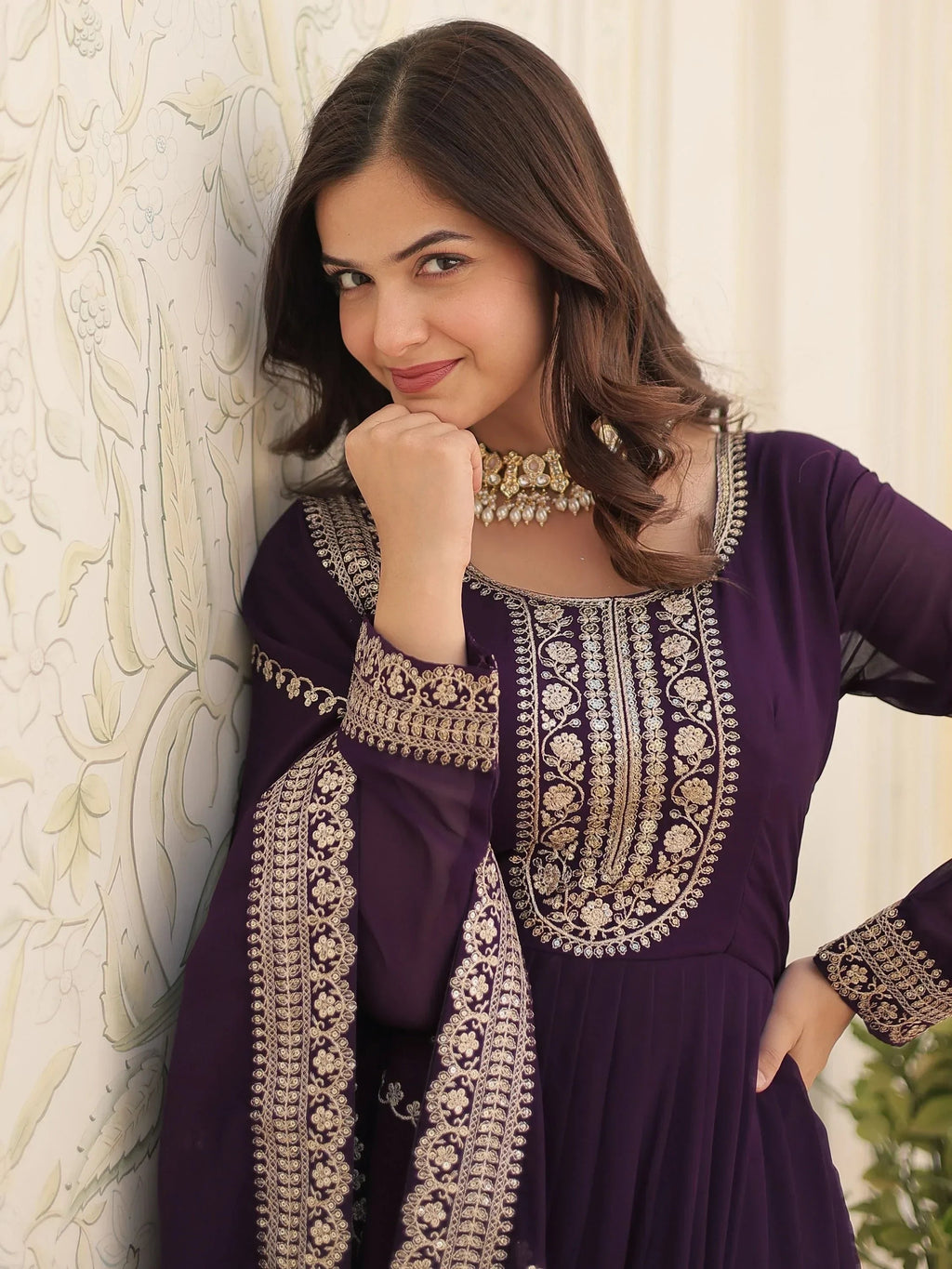 Beautiful Wine Sequins Georgette Reception Wear Gown With Dupatta