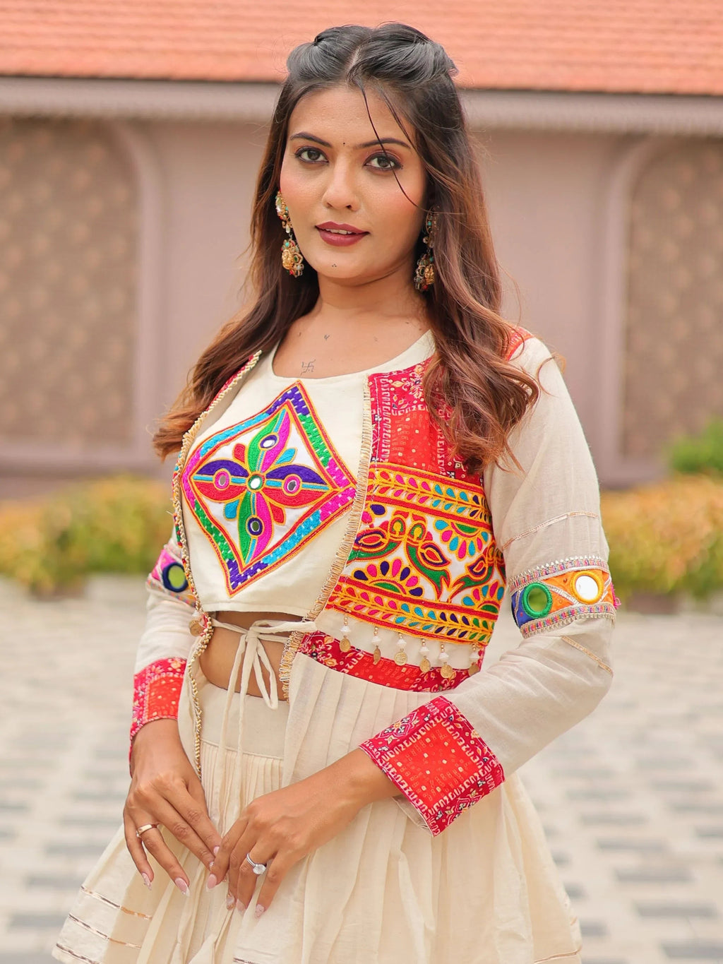 Timeless Cream Gamthi Work Navratri Wear Lehenga Choli With Koti