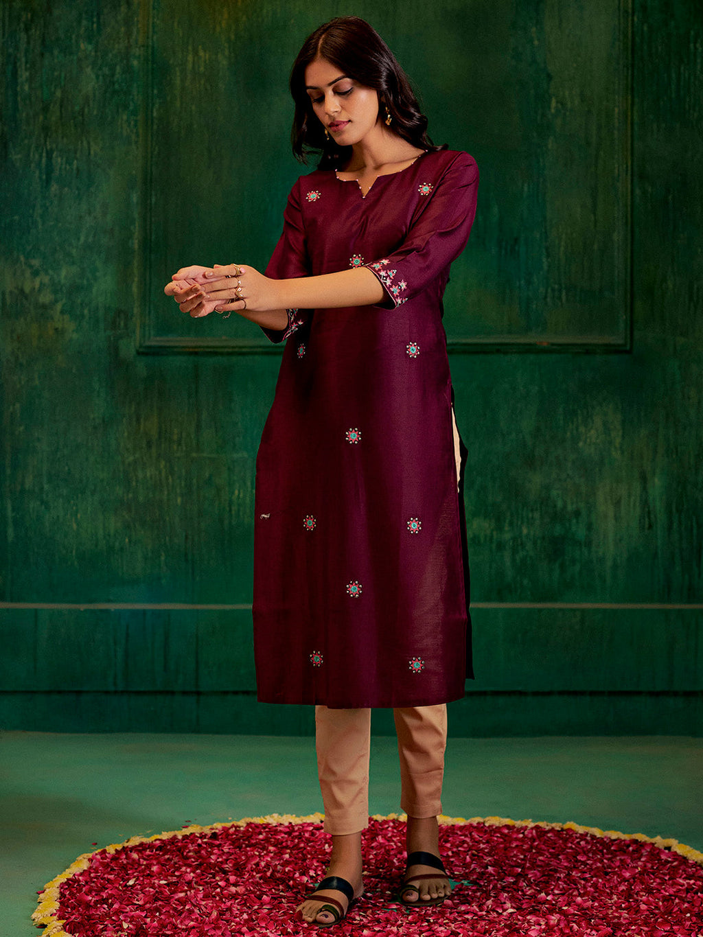 Burgundy Self Woven Straight Kurta