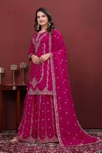 Luxury Designer Rani Pink Fendy Silk Sharara Suit with Sequence Embroidery Dupatta