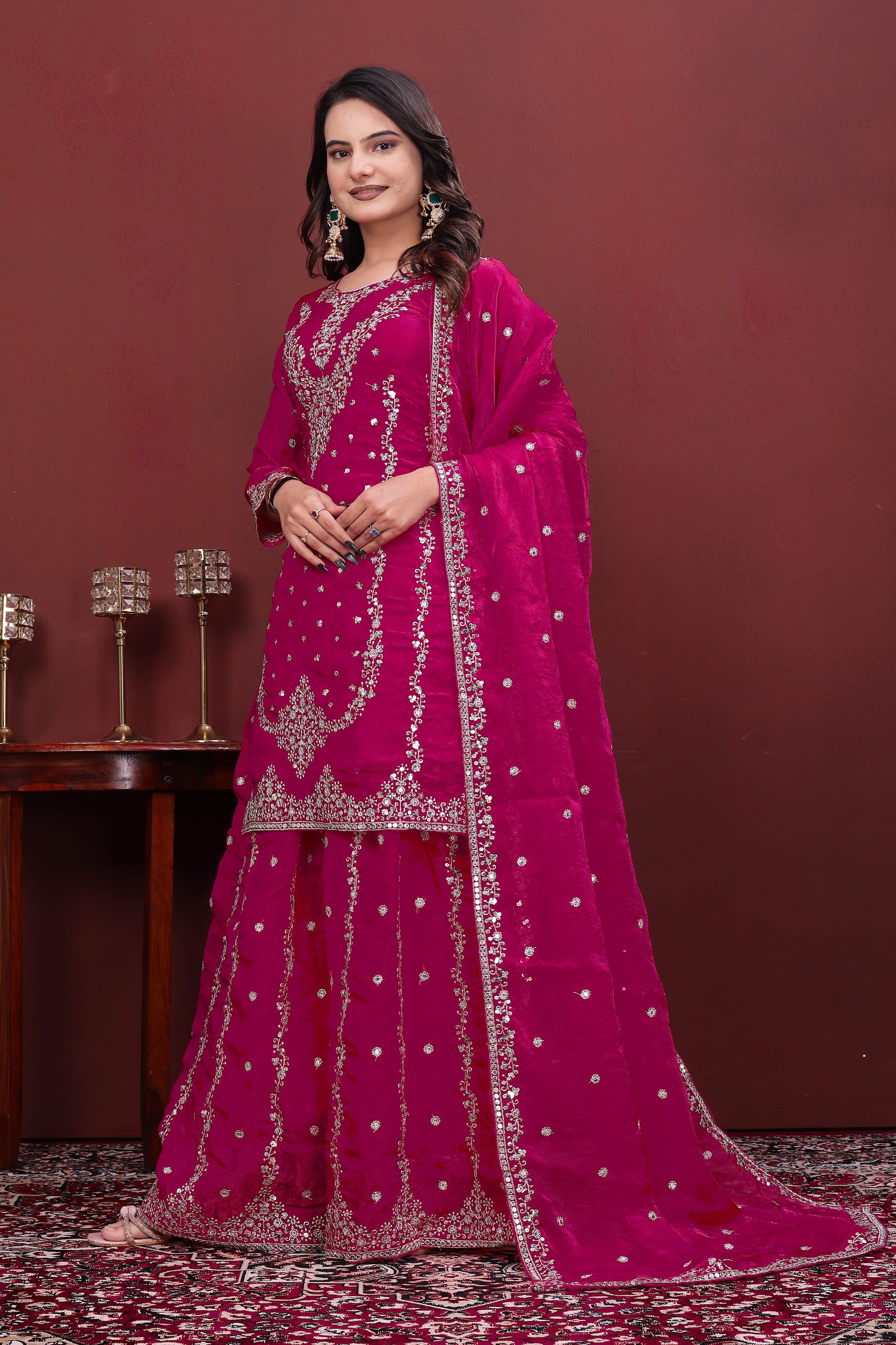 Luxury Designer Rani Pink Fendy Silk Sharara Suit with Sequence Embroidery Dupatta