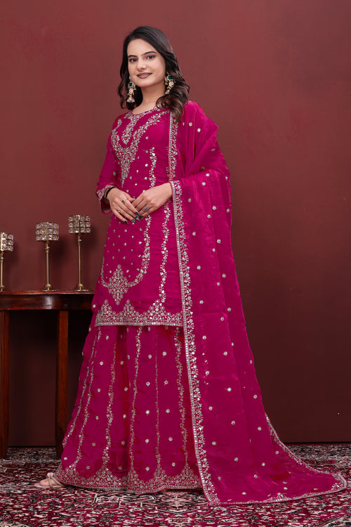 Luxury Designer Rani Pink Fendy Silk Sharara Suit with Sequence Embroidery Dupatta