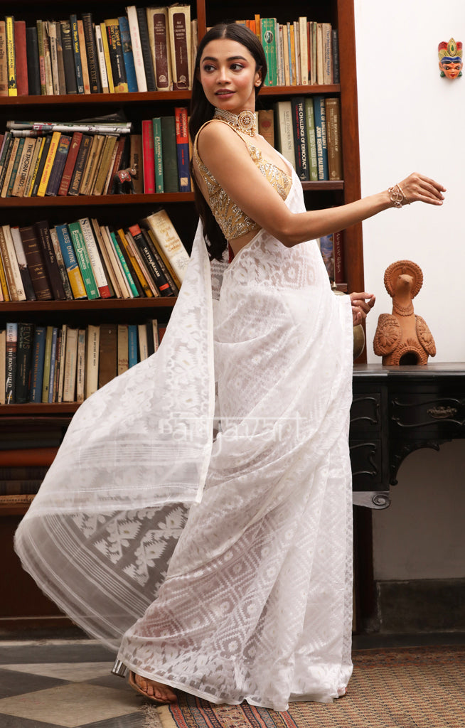 Sparkling White Saree with Geometric Woven Design With Zari Butta