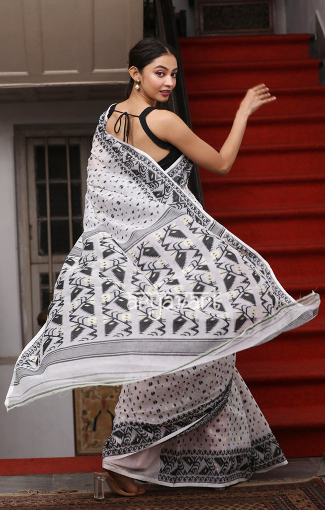 Striking White & Black Jamdani Saree with Woven Buttas & Pallu
