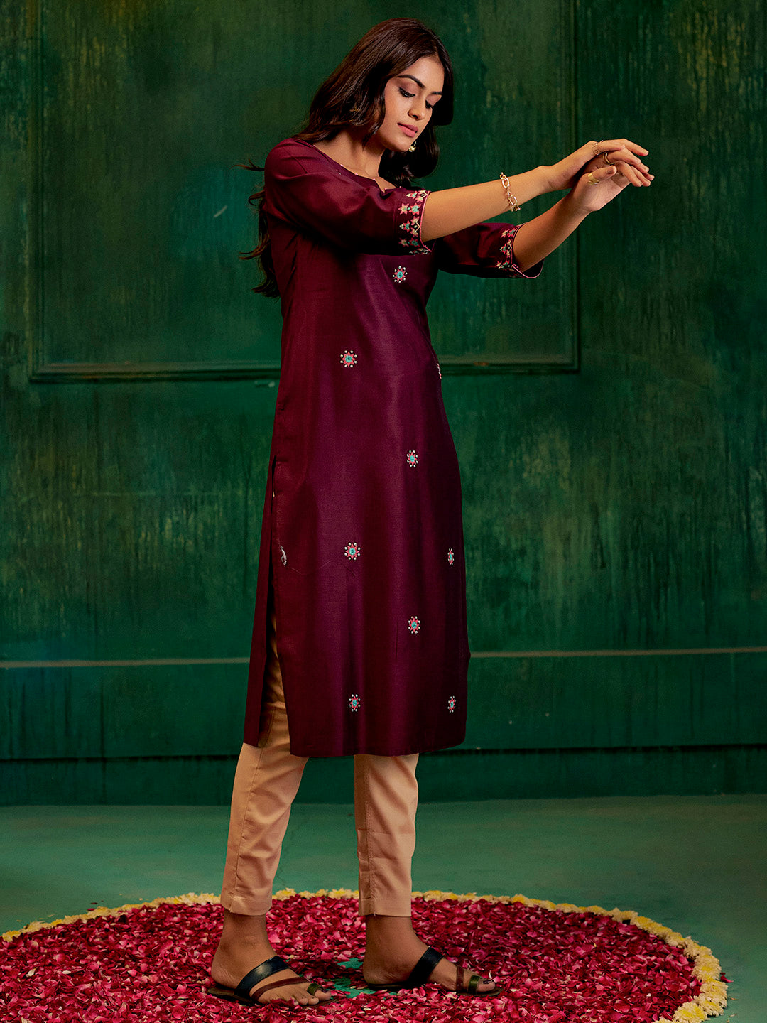 Burgundy Self Woven Straight Kurta