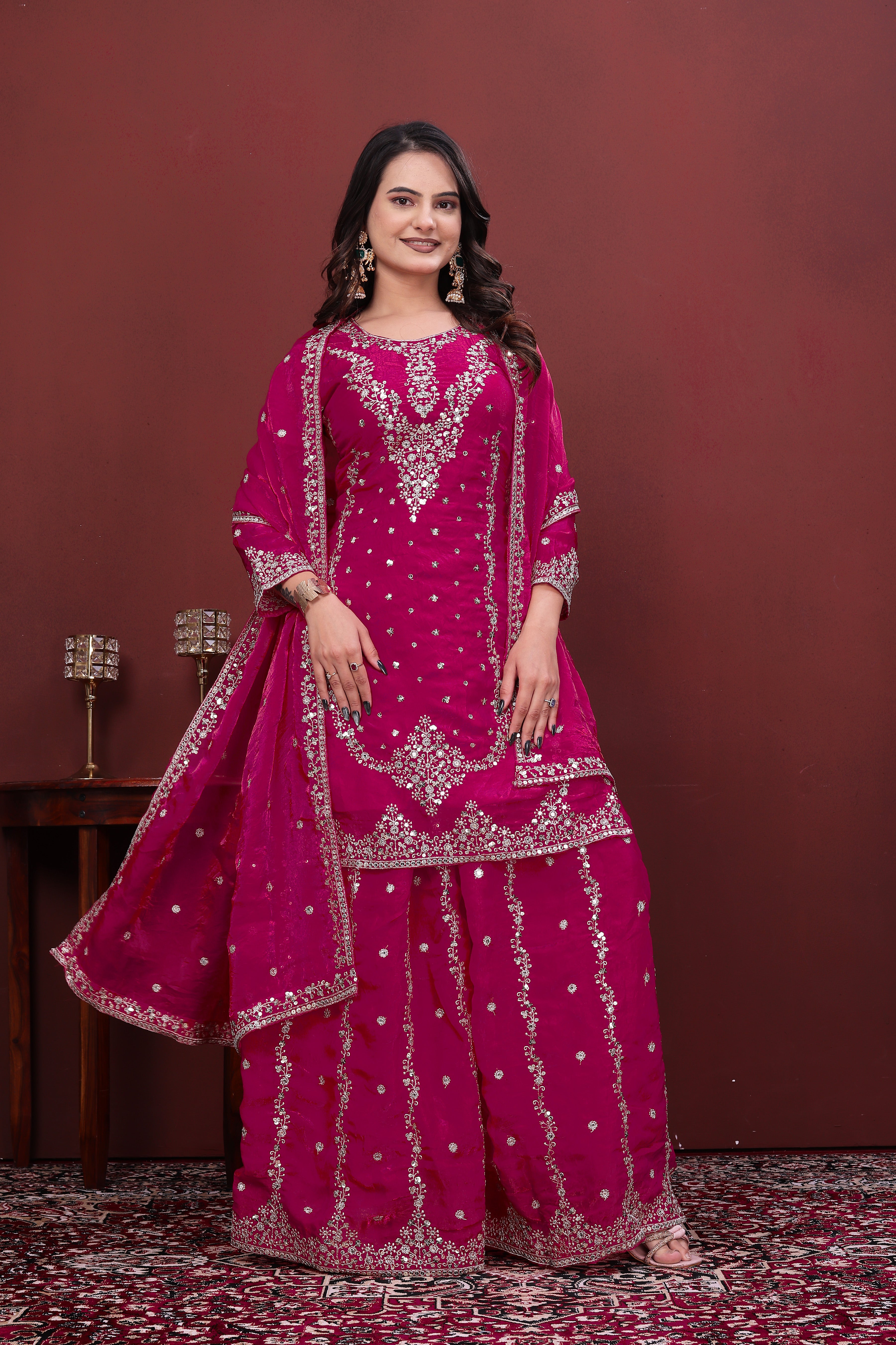 Luxury Designer Rani Pink Fendy Silk Sharara Suit with Sequence Embroidery Dupatta