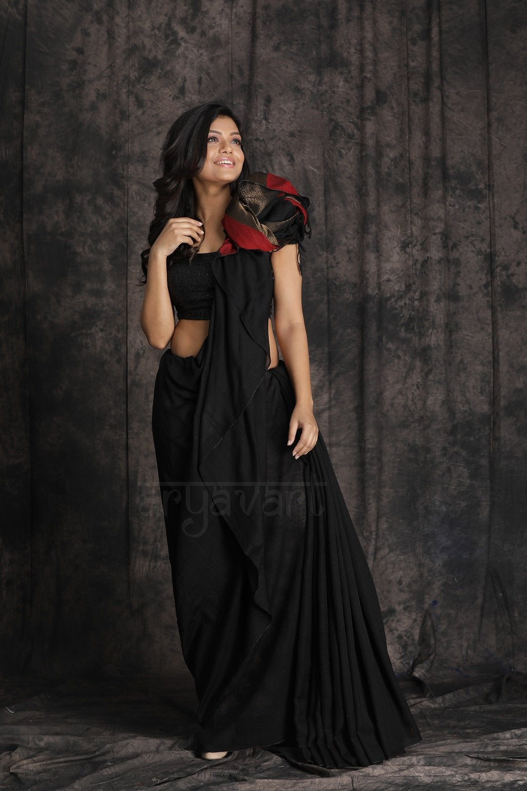 Black Cotton Saree With a Stunning Red and Gold Pallu