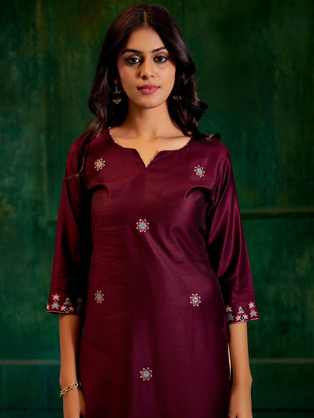 Burgundy Self Woven Straight Kurta