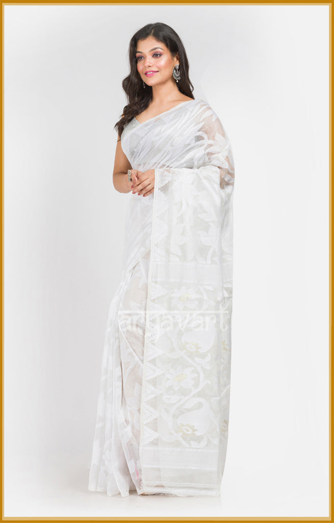 White color  Jamdani Saree with Lotus woven design