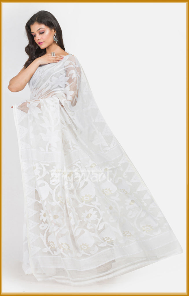 White color  Jamdani Saree with Lotus woven design