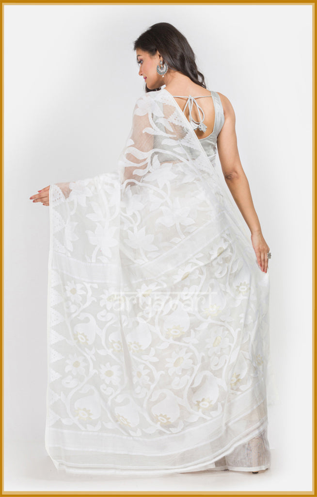 White color  Jamdani Saree with Lotus woven design