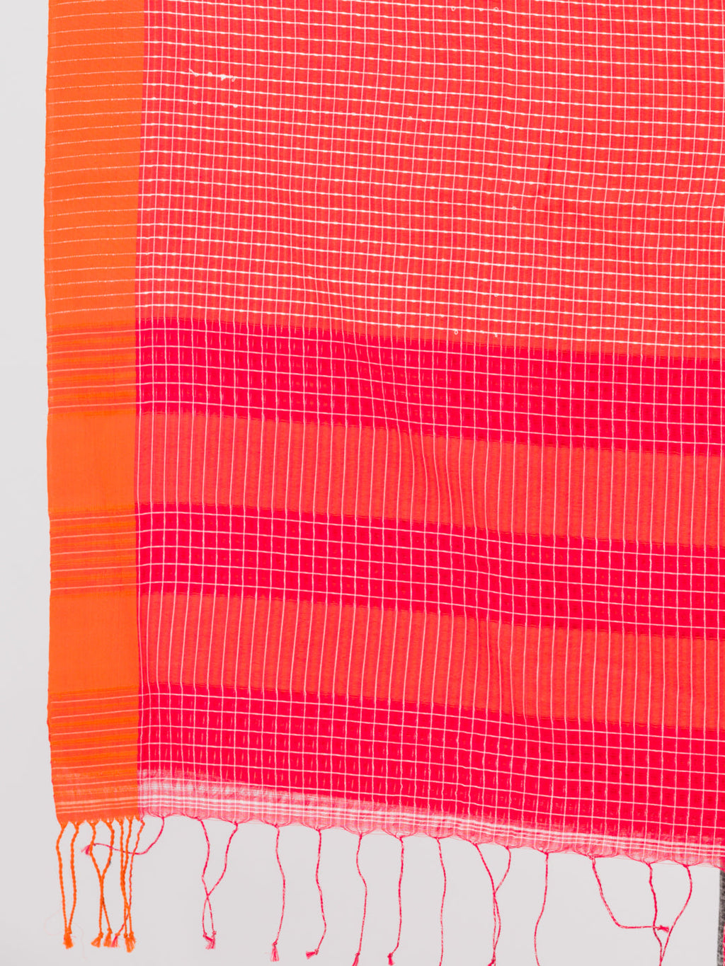 Red cotton saree with  woven checks & a stunning orange border
