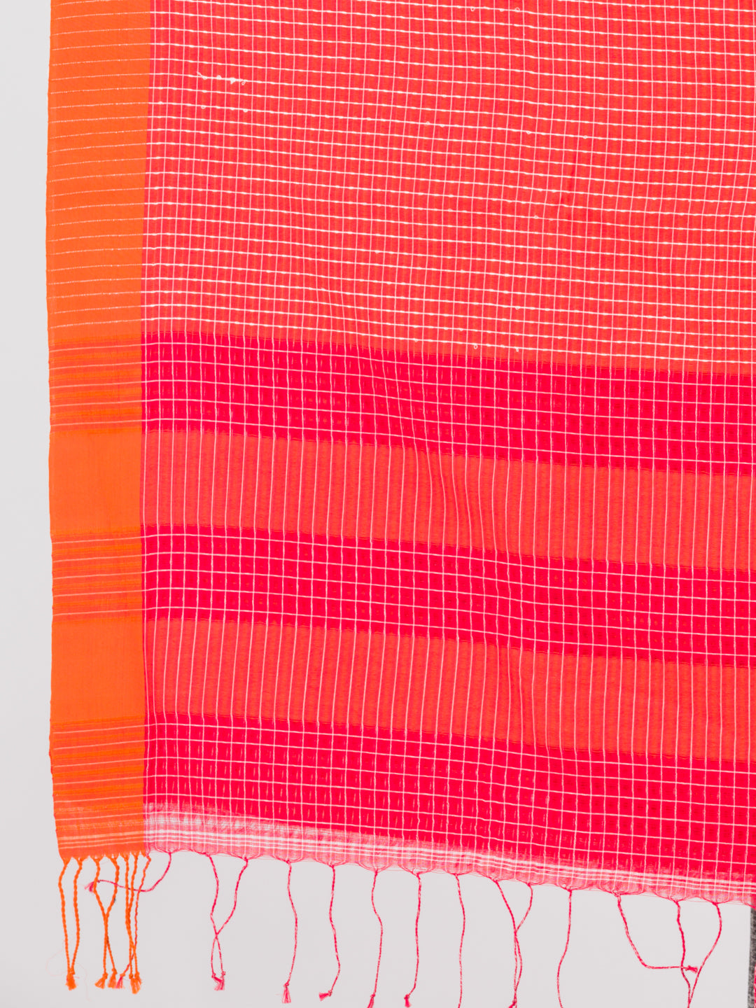 Red cotton saree with  woven checks & a stunning orange border