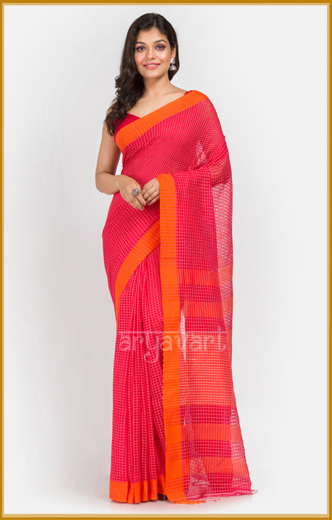 Red cotton saree with  woven checks & a stunning orange border