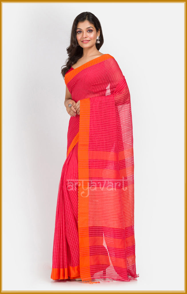 Red cotton saree with  woven checks & a stunning orange border