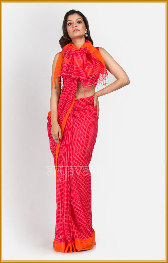 Red cotton saree with  woven checks & a stunning orange border