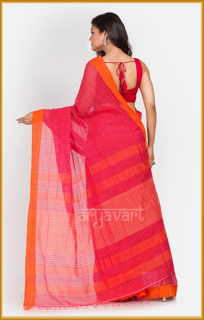 Red cotton saree with  woven checks & a stunning orange border