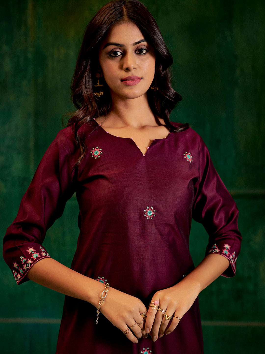 Burgundy Self Woven Straight Kurta