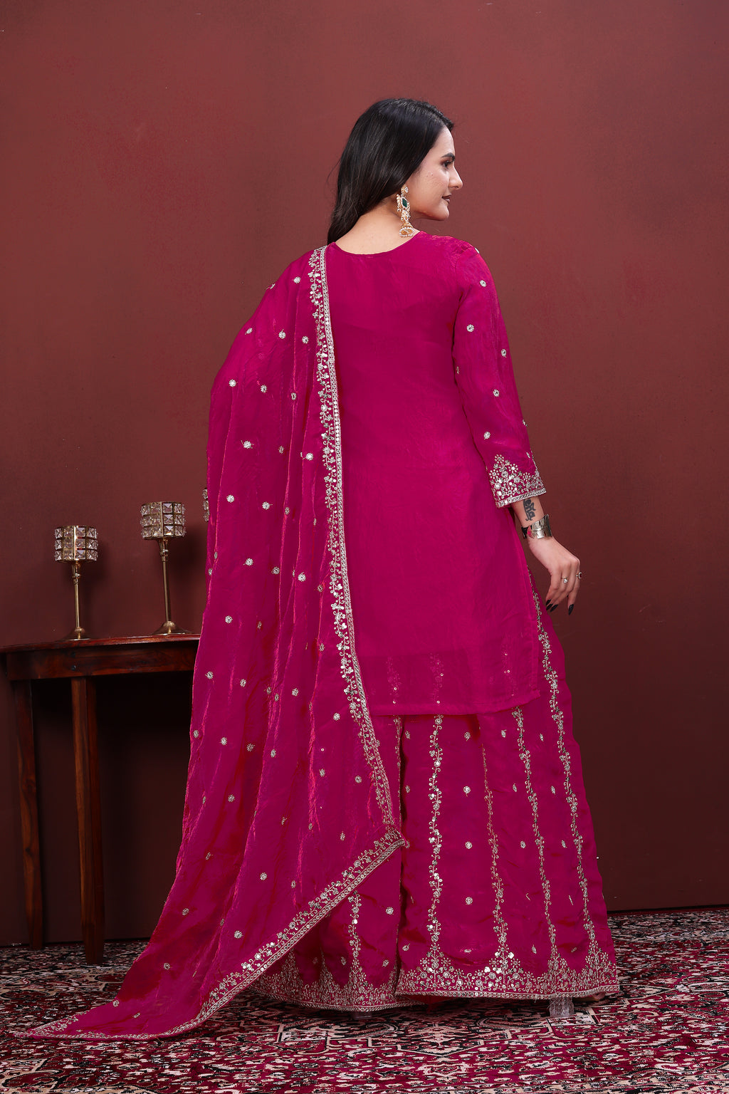Luxury Designer Rani Pink Fendy Silk Sharara Suit with Sequence Embroidery Dupatta