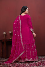 Luxury Designer Rani Pink Fendy Silk Sharara Suit with Sequence Embroidery Dupatta