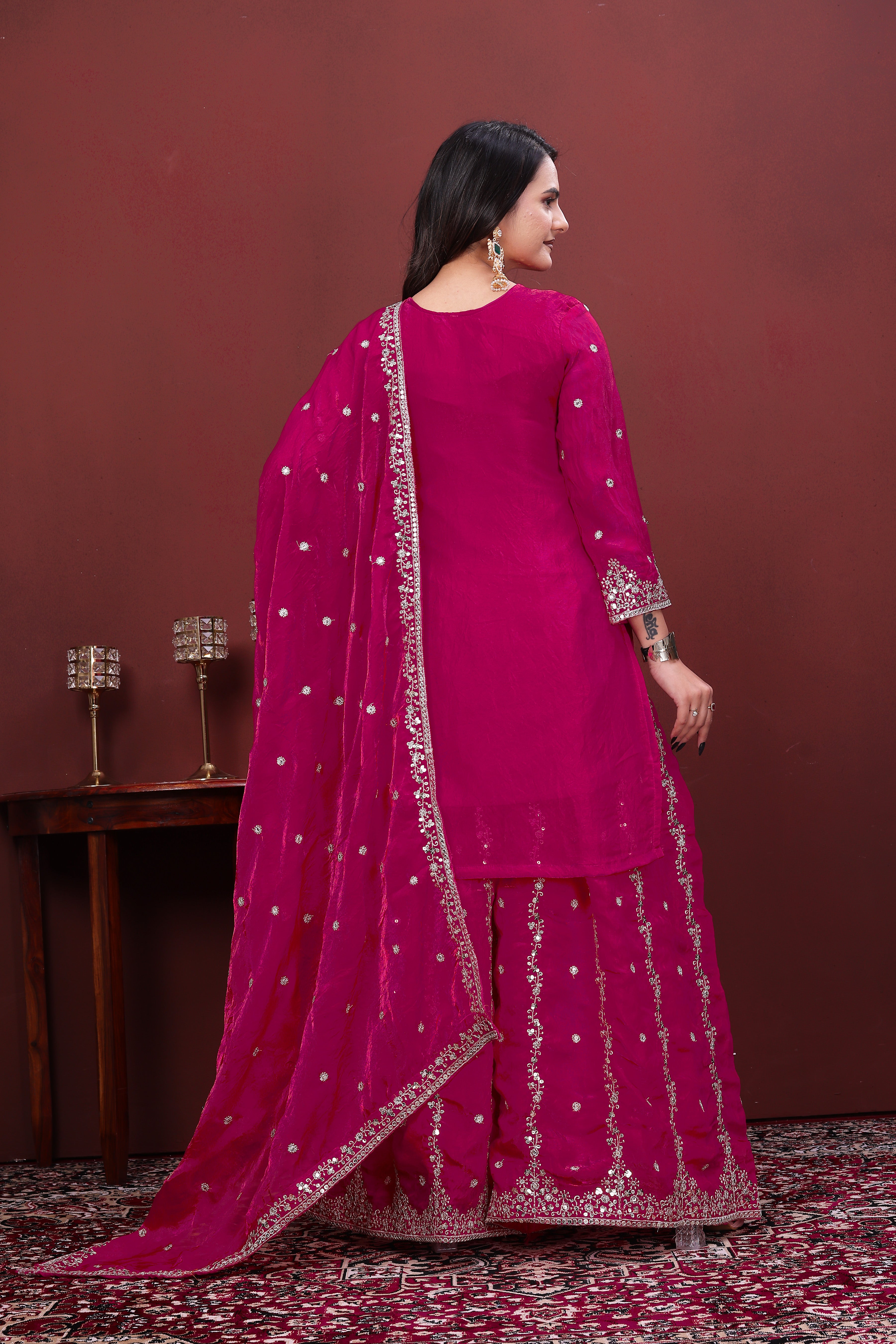 Luxury Designer Rani Pink Fendy Silk Sharara Suit with Sequence Embroidery Dupatta