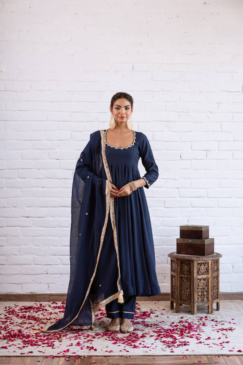 Vedraani Premium Vichitra Silk Beads Work Anarkali Gown Set with Dupatta for Women