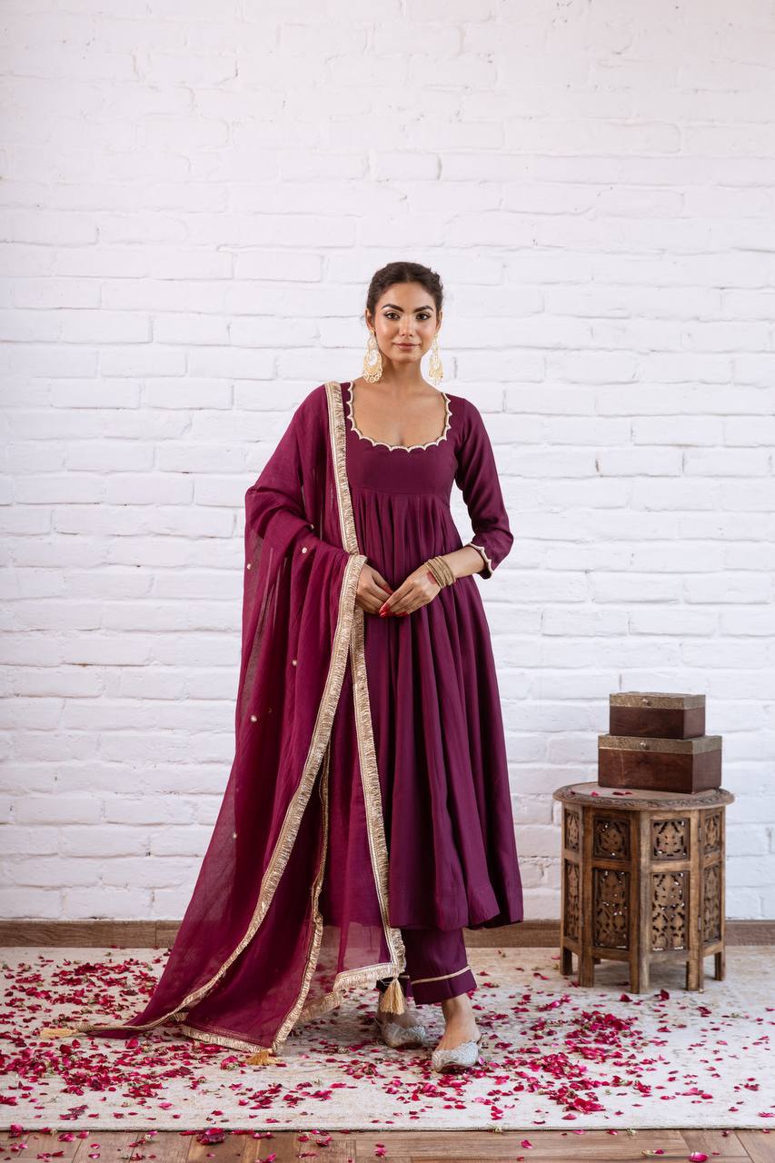 Vedraani Premium Vichitra Silk Beads Work Anarkali Gown Set with Dupatta for Women