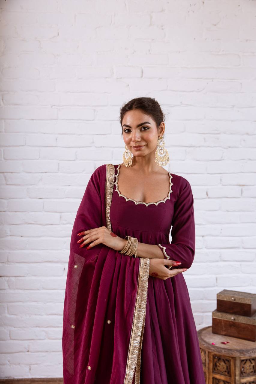Vedraani Premium Vichitra Silk Beads Work Anarkali Gown Set with Dupatta for Women