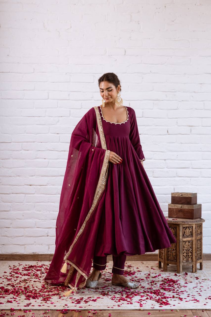 Vedraani Premium Vichitra Silk Beads Work Anarkali Gown Set with Dupatta for Women
