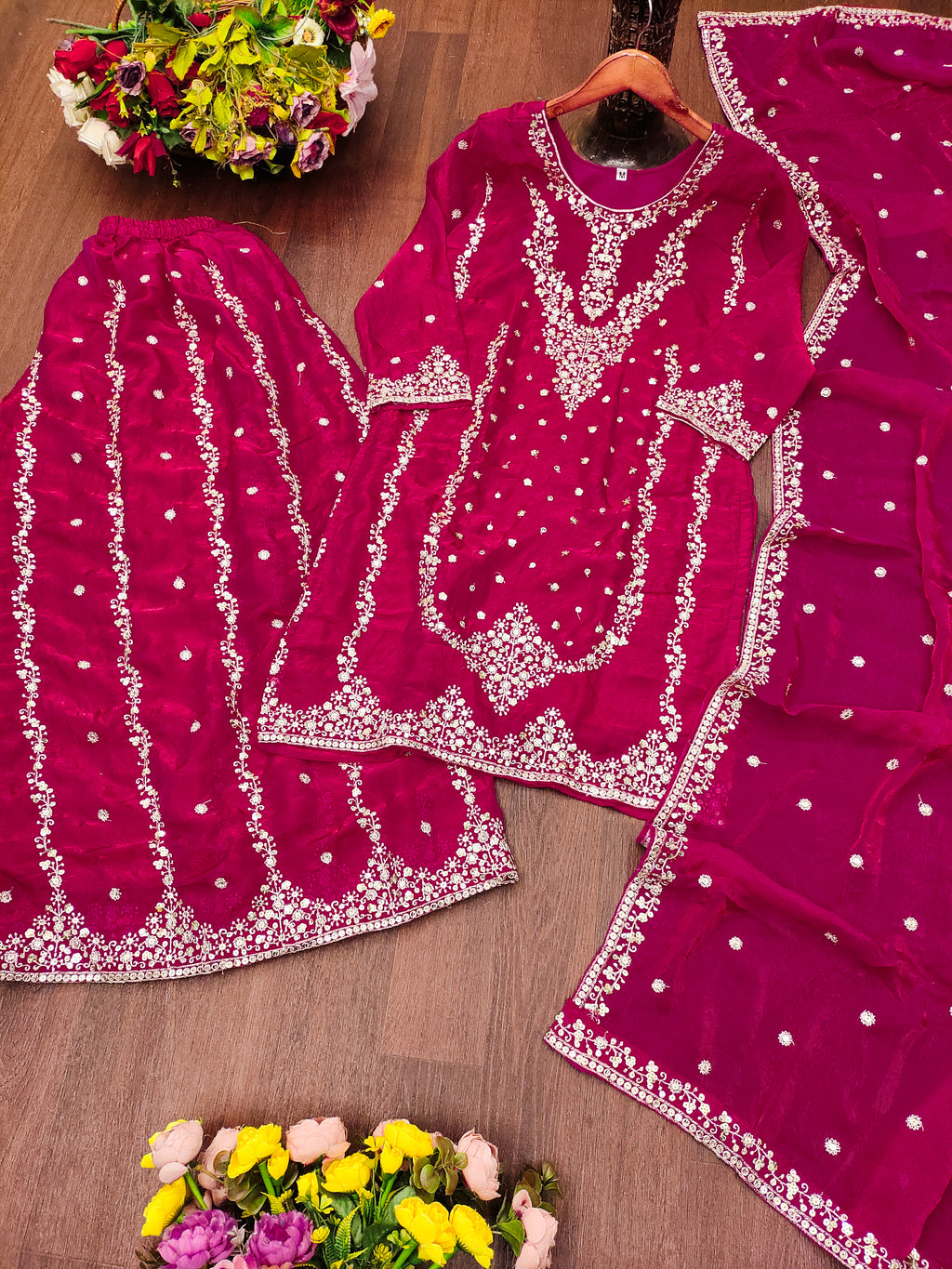 Luxury Designer Rani Pink Fendy Silk Sharara Suit with Sequence Embroidery Dupatta