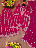 Luxury Designer Rani Pink Fendy Silk Sharara Suit with Sequence Embroidery Dupatta