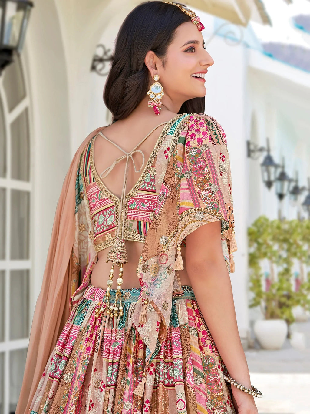 Lavishing Beige Chinon Embroidered Lehenga Choli chiffon dupatta