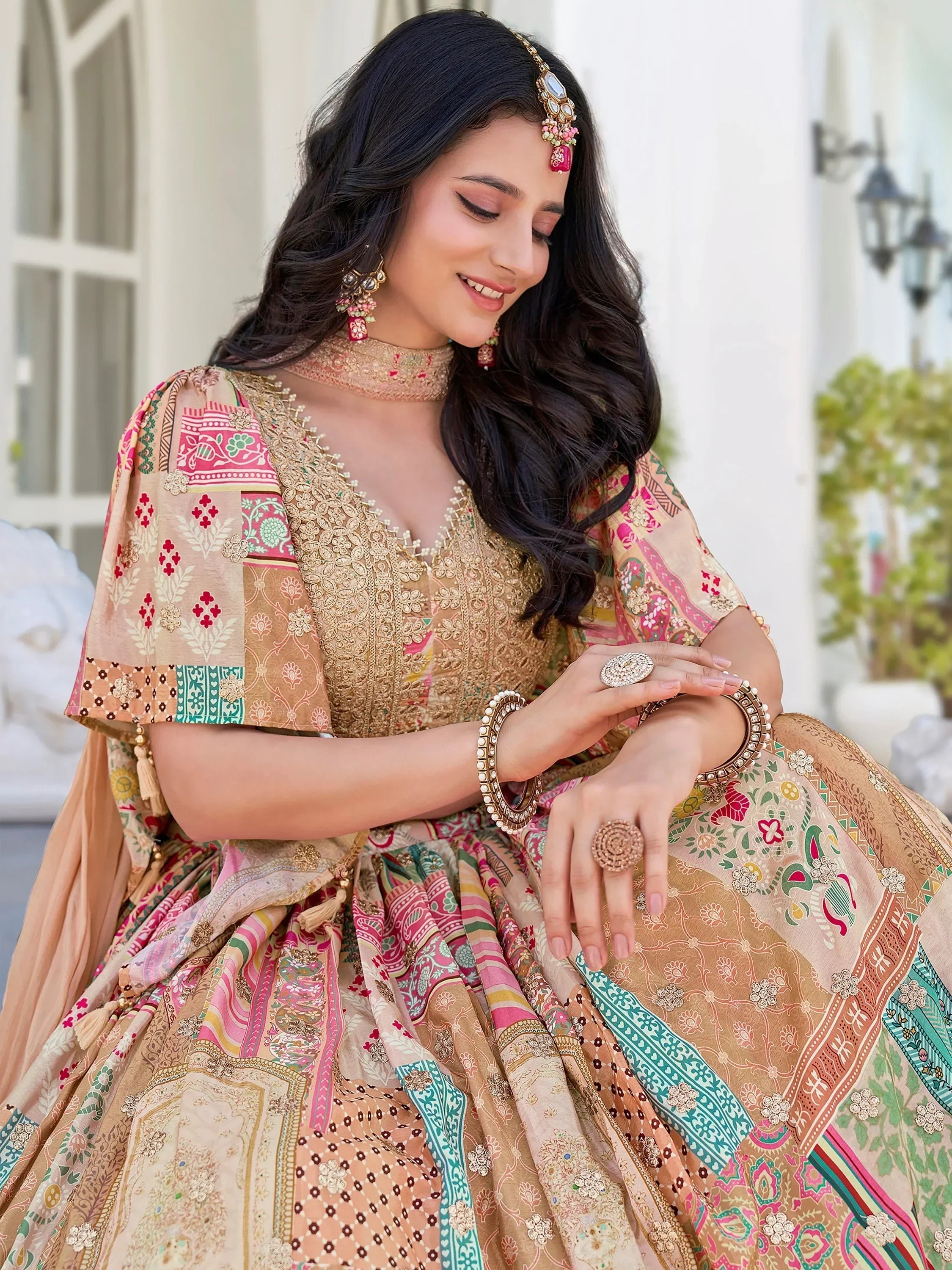 Lavishing Beige Chinon Embroidered Lehenga Choli chiffon dupatta