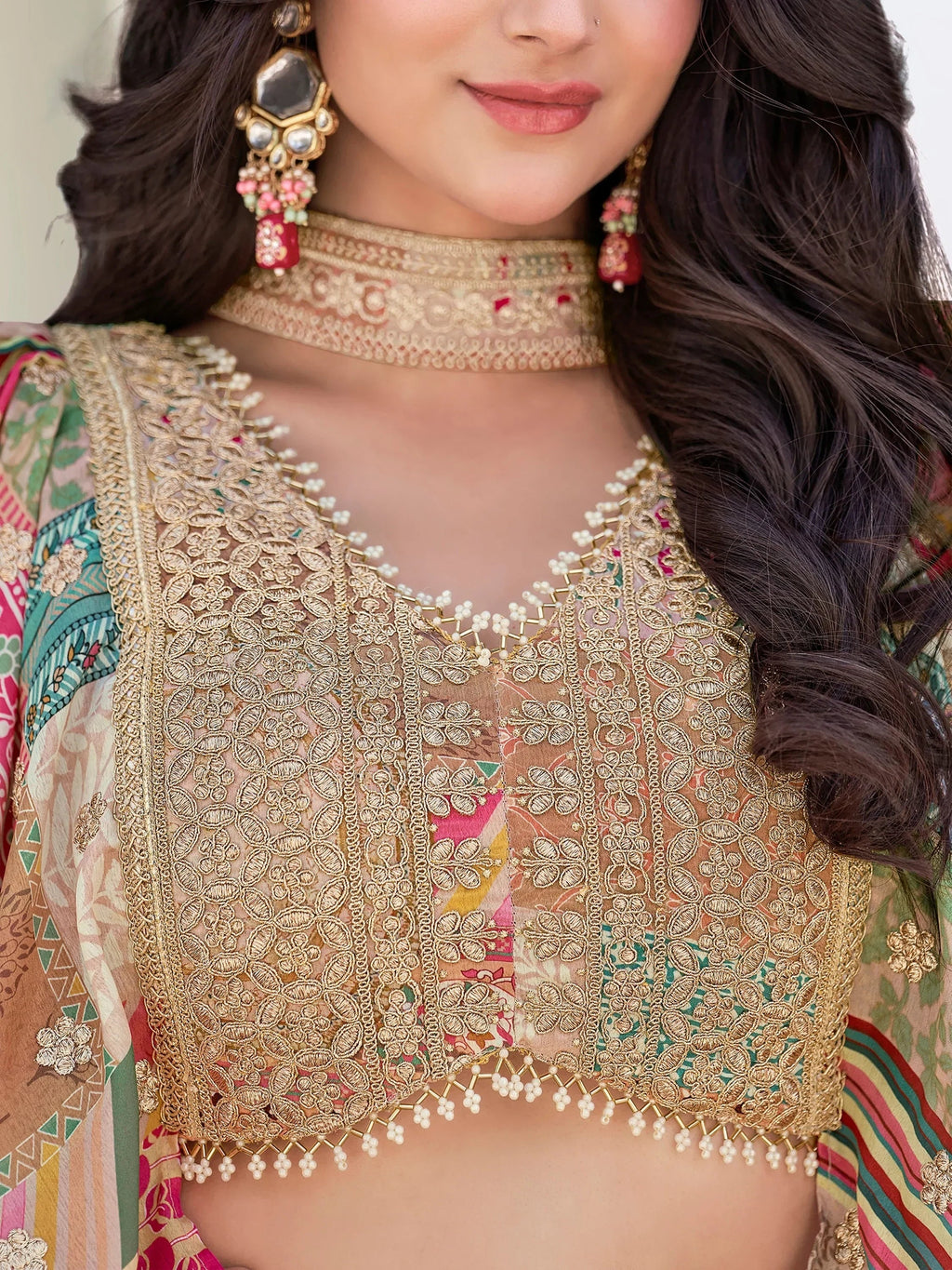 Lavishing Beige Chinon Embroidered Lehenga Choli chiffon dupatta
