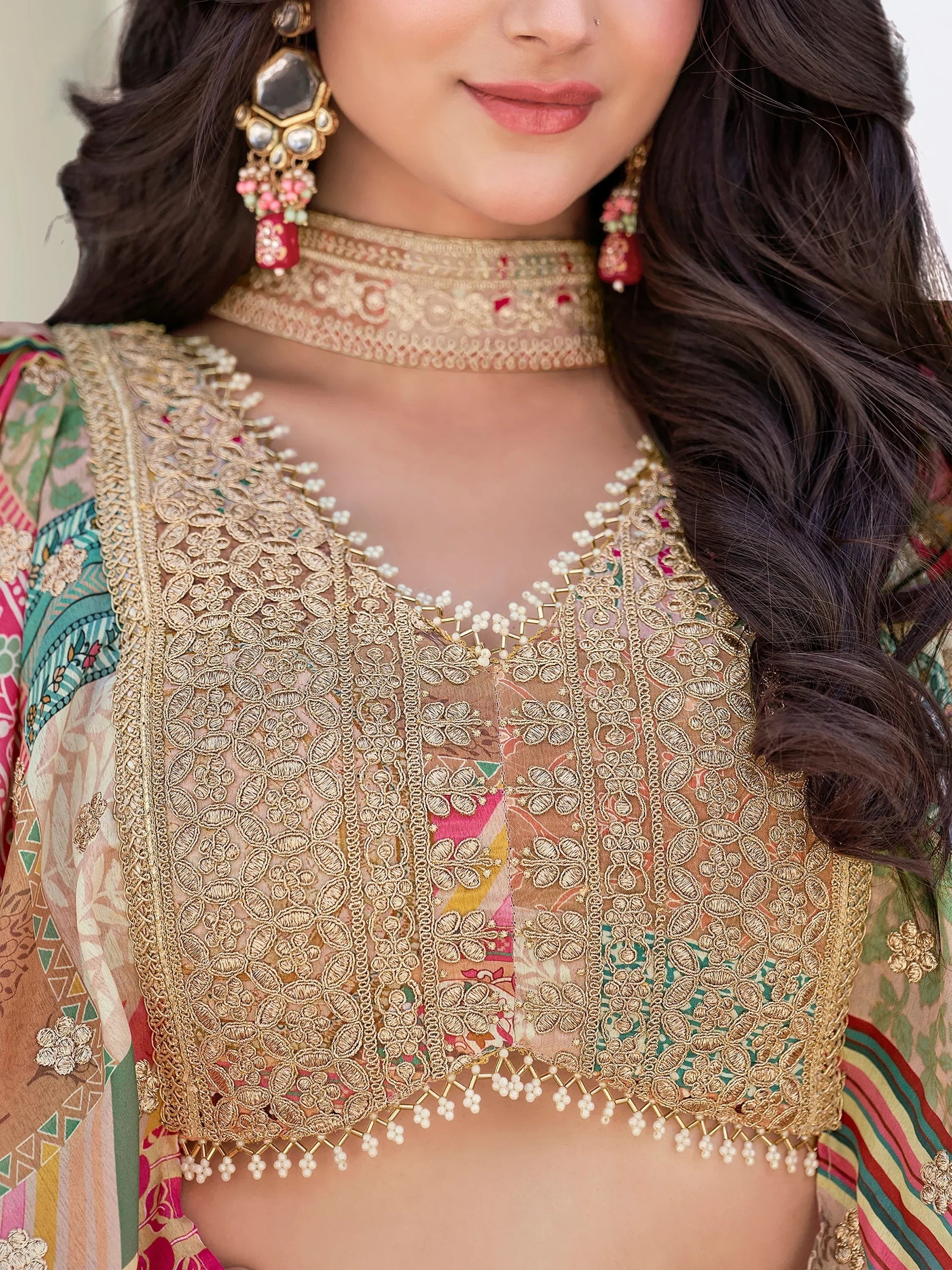 Lavishing Beige Chinon Embroidered Lehenga Choli chiffon dupatta