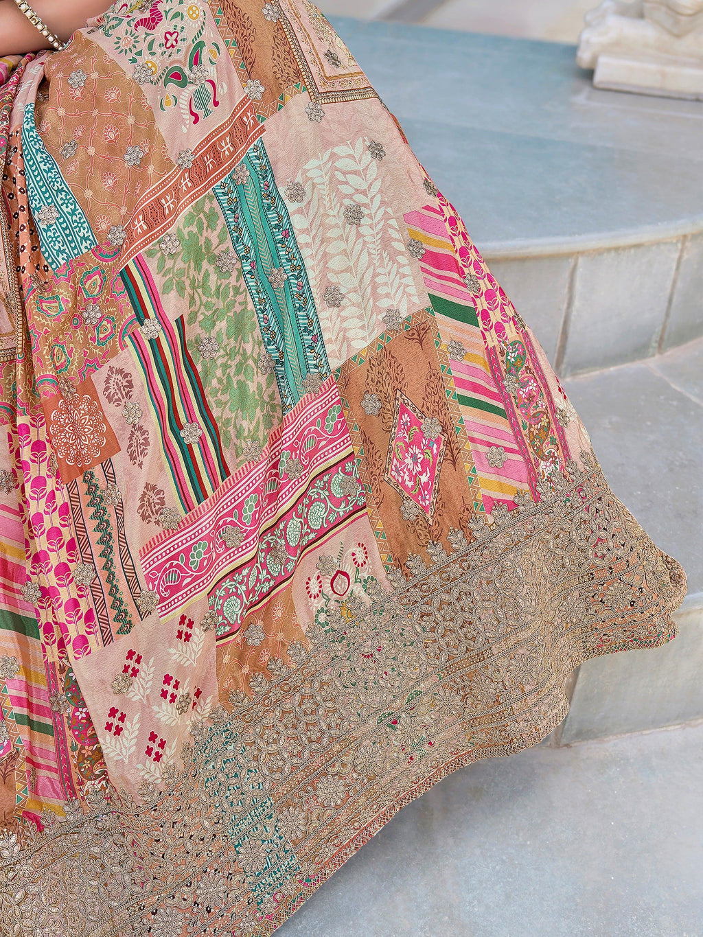 Lavishing Beige Chinon Embroidered Lehenga Choli chiffon dupatta