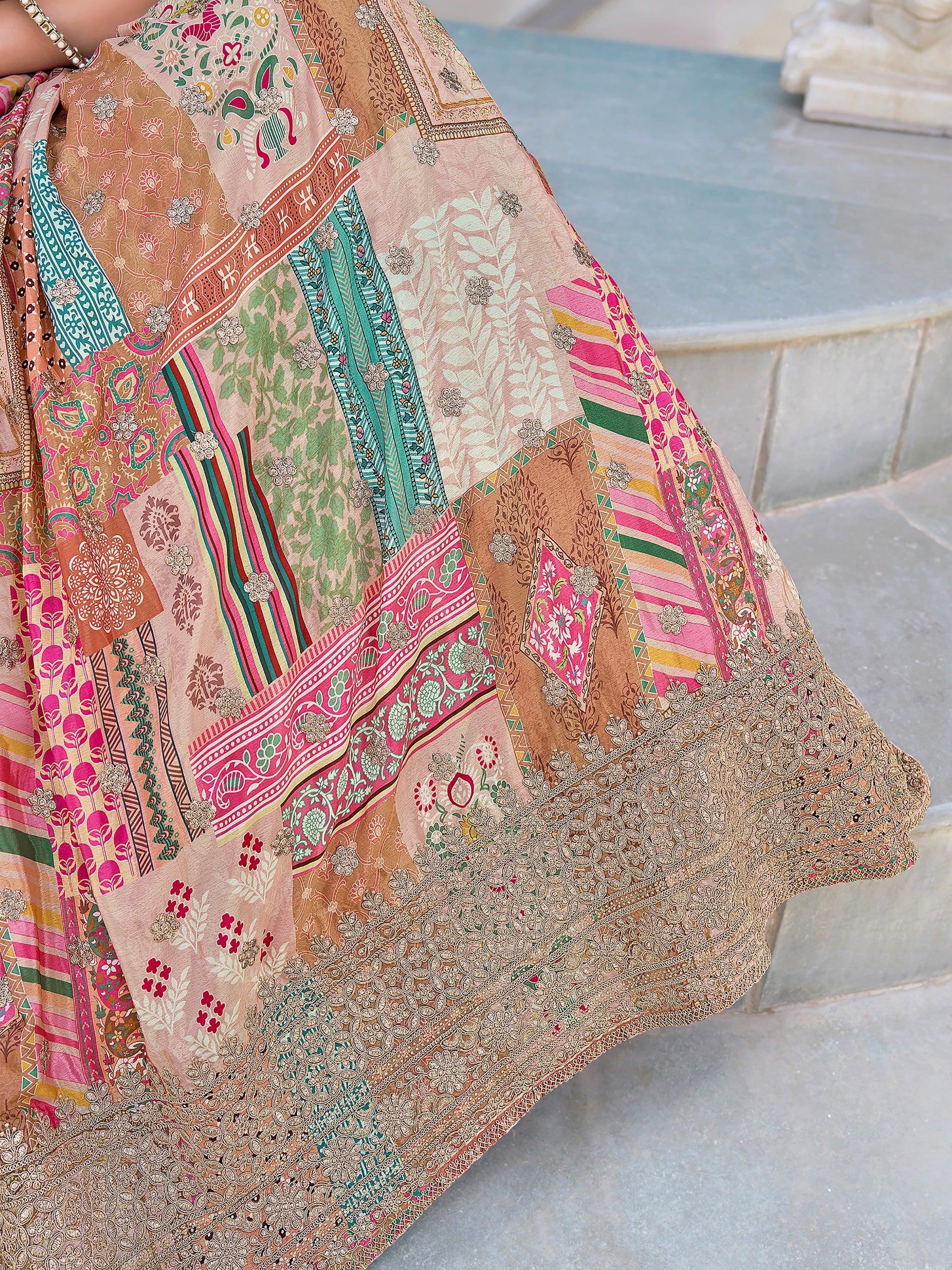 Lavishing Beige Chinon Embroidered Lehenga Choli chiffon dupatta