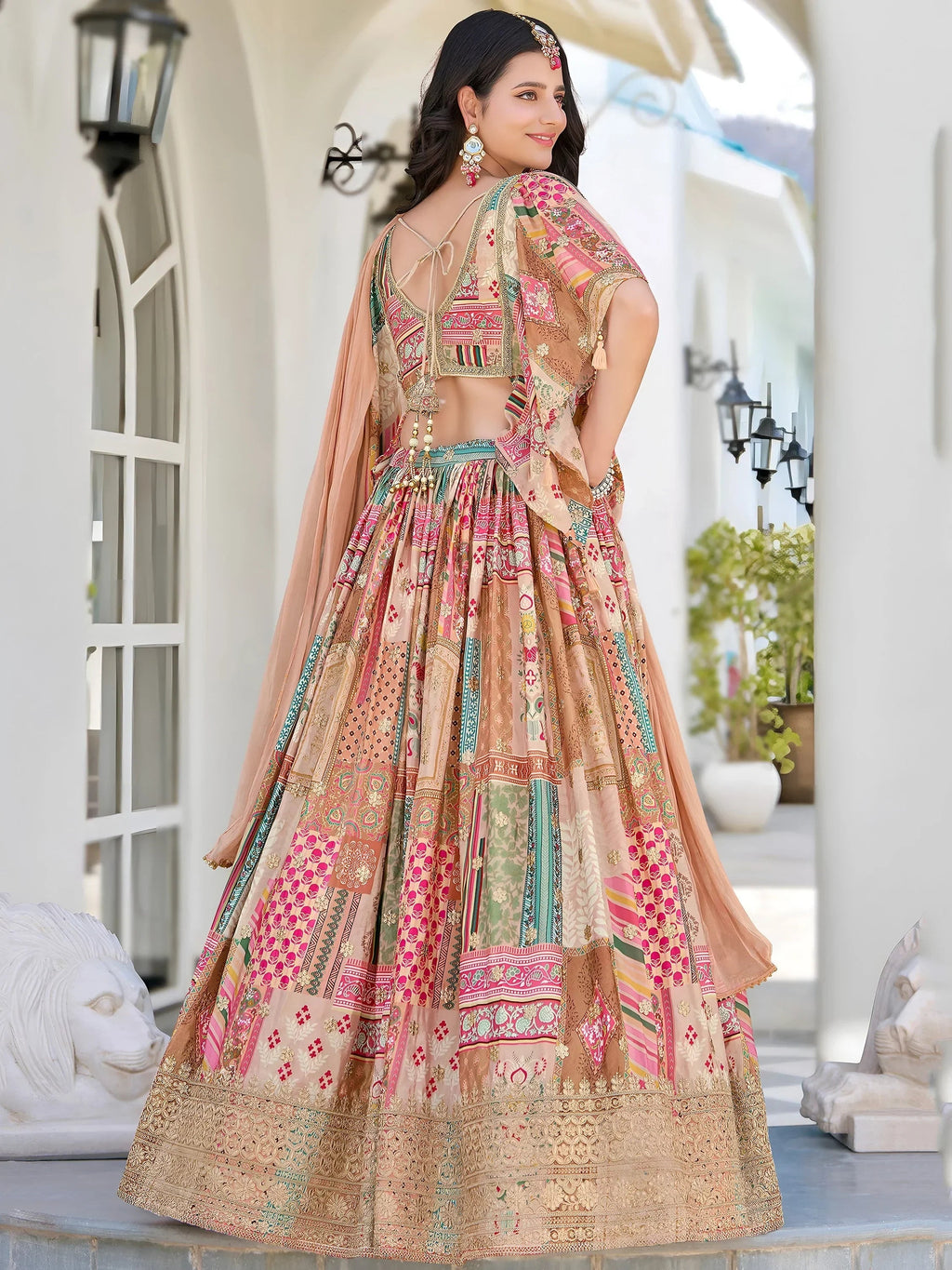 Lavishing Beige Chinon Embroidered Lehenga Choli chiffon dupatta
